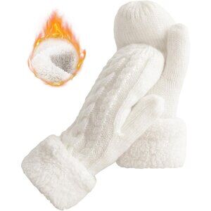 Women's White Winter Warm Imported Fleece Lining Cozy Wool Knit Thick Gloves
